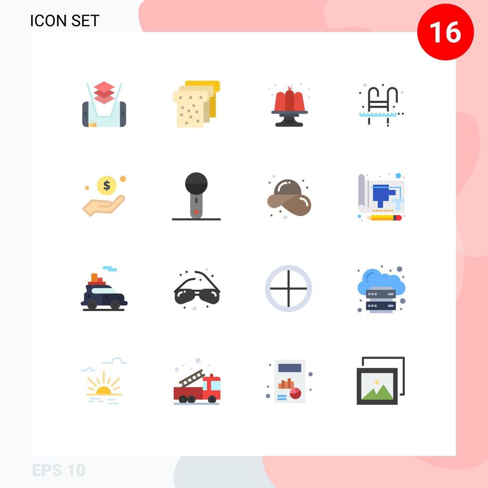 Set of 16 Modern UI Icons Symbols Signs for hand dollar food water swim Editable Pack of Creative Vector Design Elements