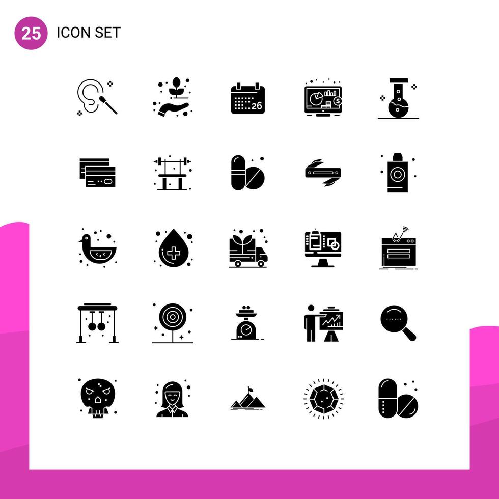 Set of 25 Vector Solid Glyphs on Grid for laboratory chemical indian seo investment Editable Vector Design Elements