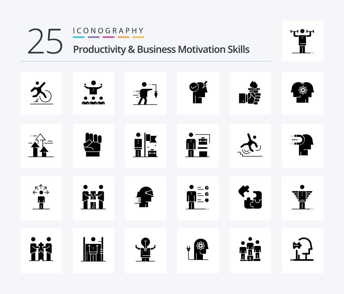 Productivity And Business Motivation Skills 25 Solid Glyph icon pack including power. brain. mentorship. goal. extrinsic vector