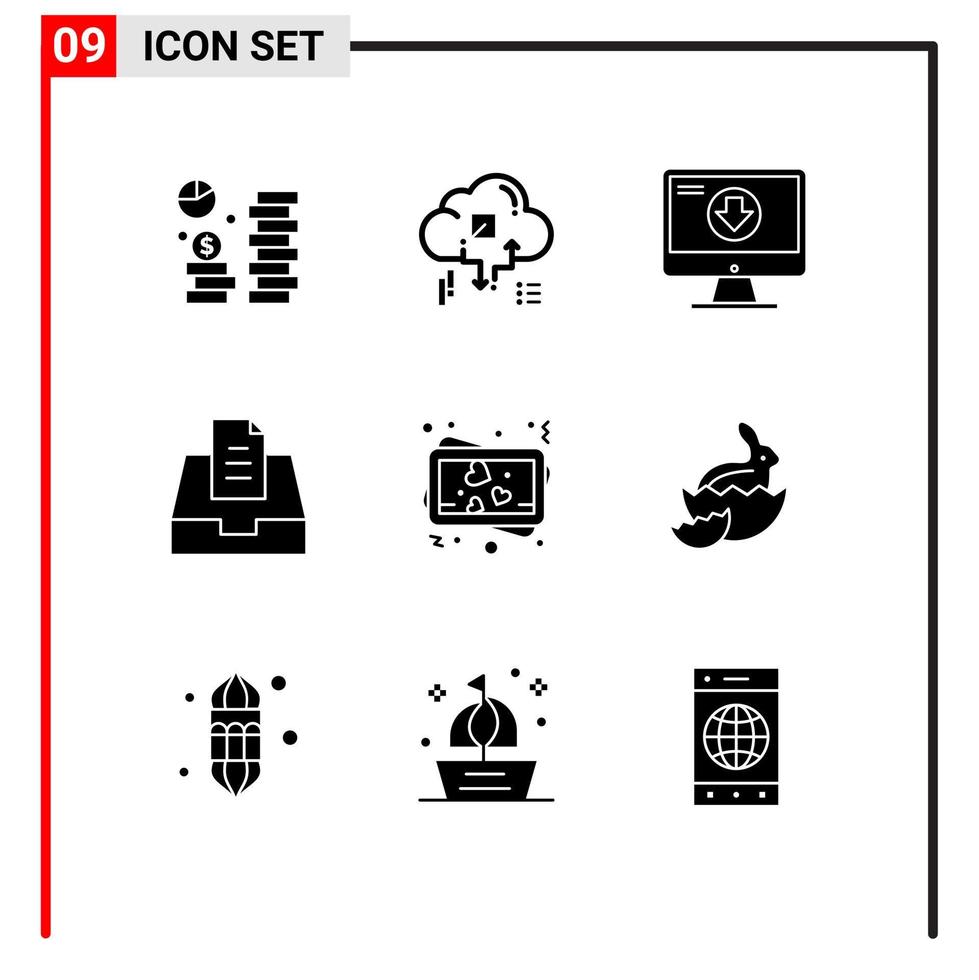 9 User Interface Solid Glyph Pack of modern Signs and Symbols of mailbox inbox arrow game dlc Editable Vector Design Elements