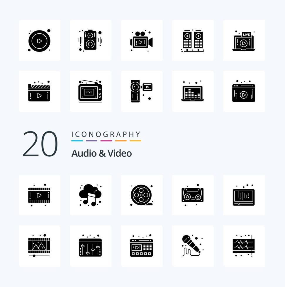 20 Audio And Video Solid Glyph icon Pack like social media play movie reel media cassette tape vector
