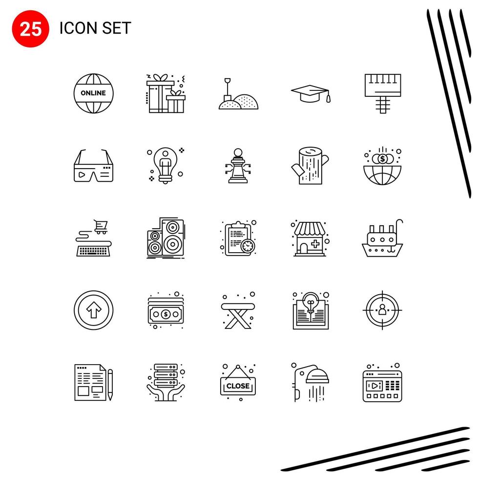 Pack of 25 Modern Lines Signs and Symbols for Web Print Media such as computer board shovel advertising graduation hat Editable Vector Design Elements