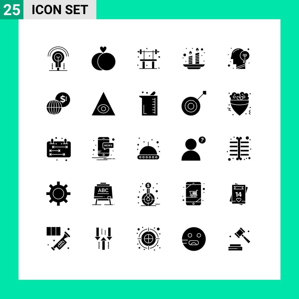 Pack of 25 creative Solid Glyphs of human communication exercise light holi Editable Vector Design Elements