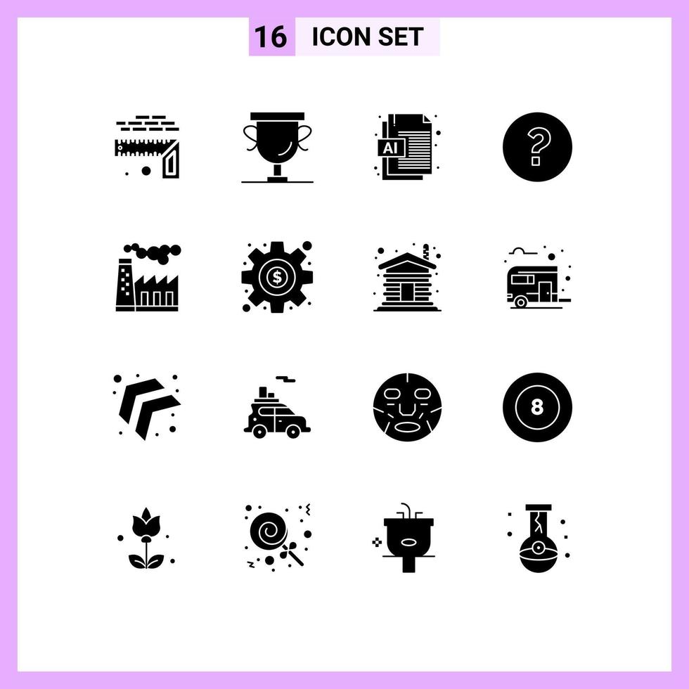 Group of 16 Modern Solid Glyphs Set for smoke pollution ai factory help Editable Vector Design Elements