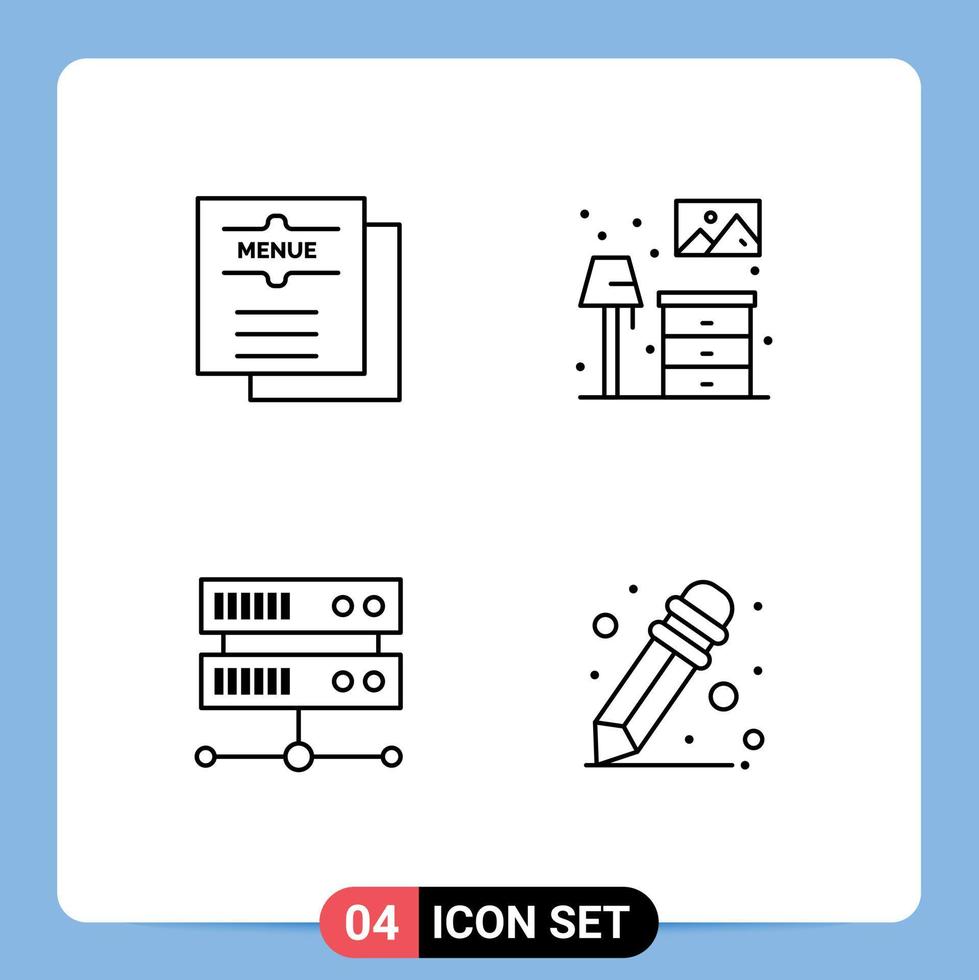 Pack of 4 creative Filledline Flat Colors of cafe data center menu living hosting center Editable Vector Design Elements