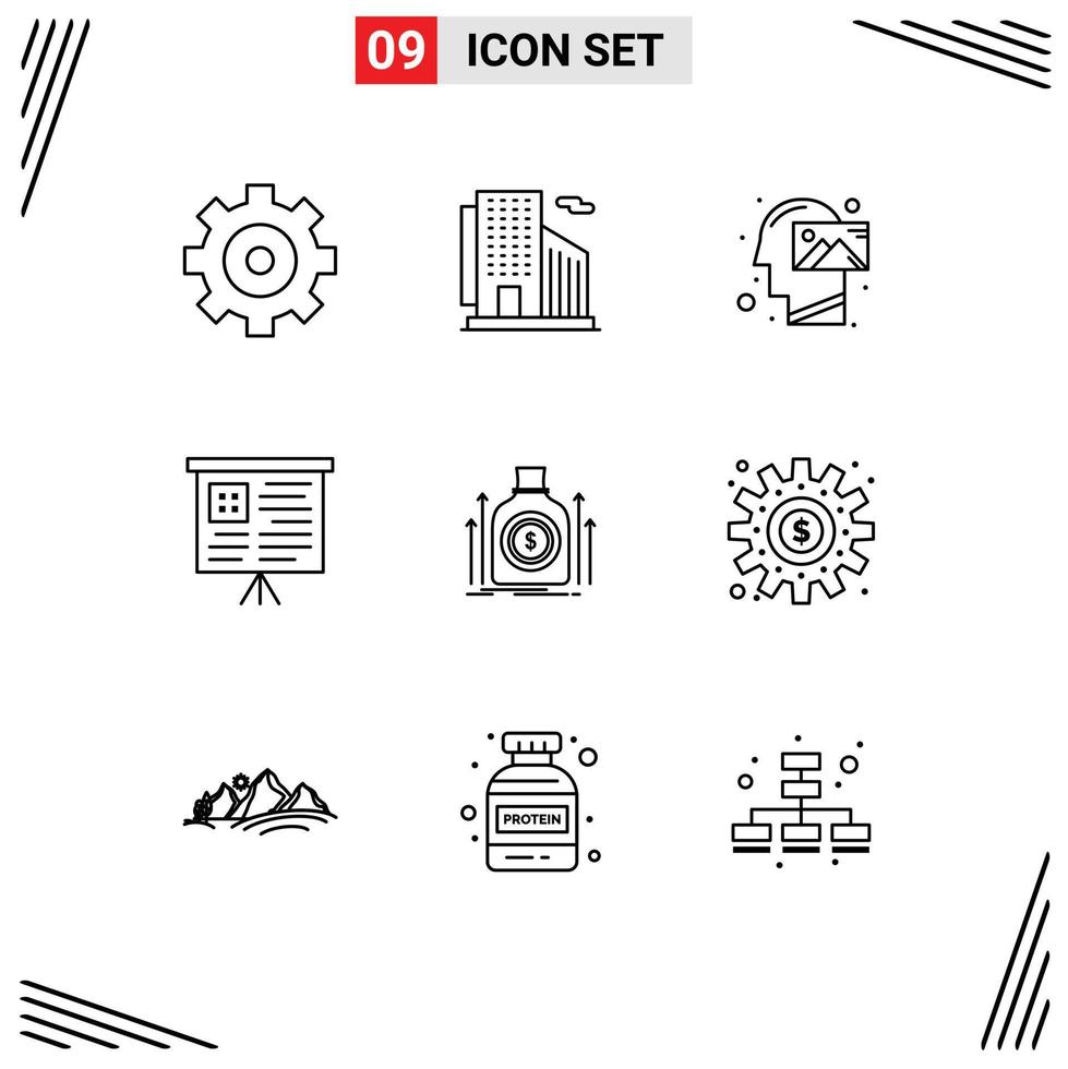 Set of 9 Vector Outlines on Grid for fund money mind bag board Editable Vector Design Elements