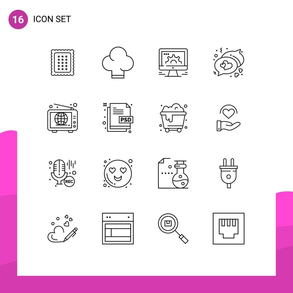 16 User Interface Outline Pack of modern Signs and Symbols of wide messages computer love web Editable Vector Design Elements