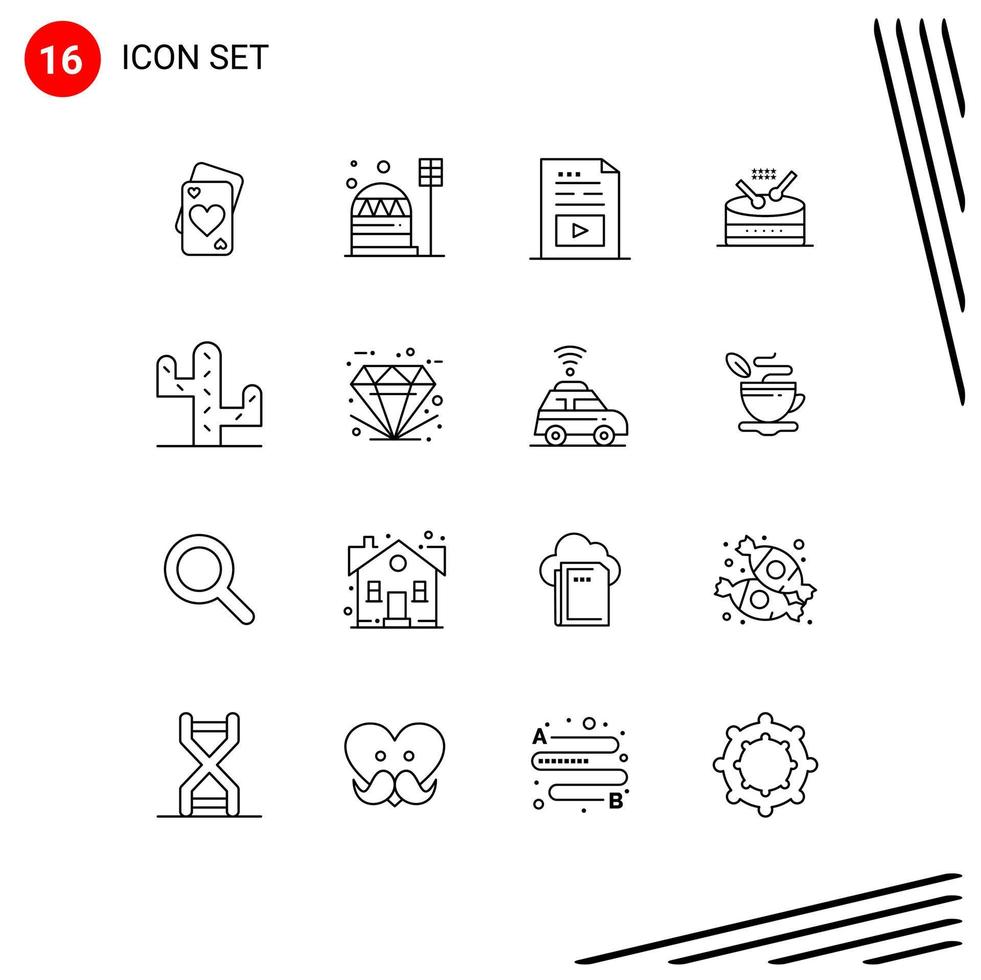 Set of 16 Modern UI Icons Symbols Signs for parade instrument habitation drum multimedia Editable Vector Design Elements