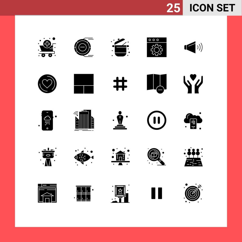 Group of 25 Modern Solid Glyphs Set for sound mac resource app pot Editable Vector Design Elements