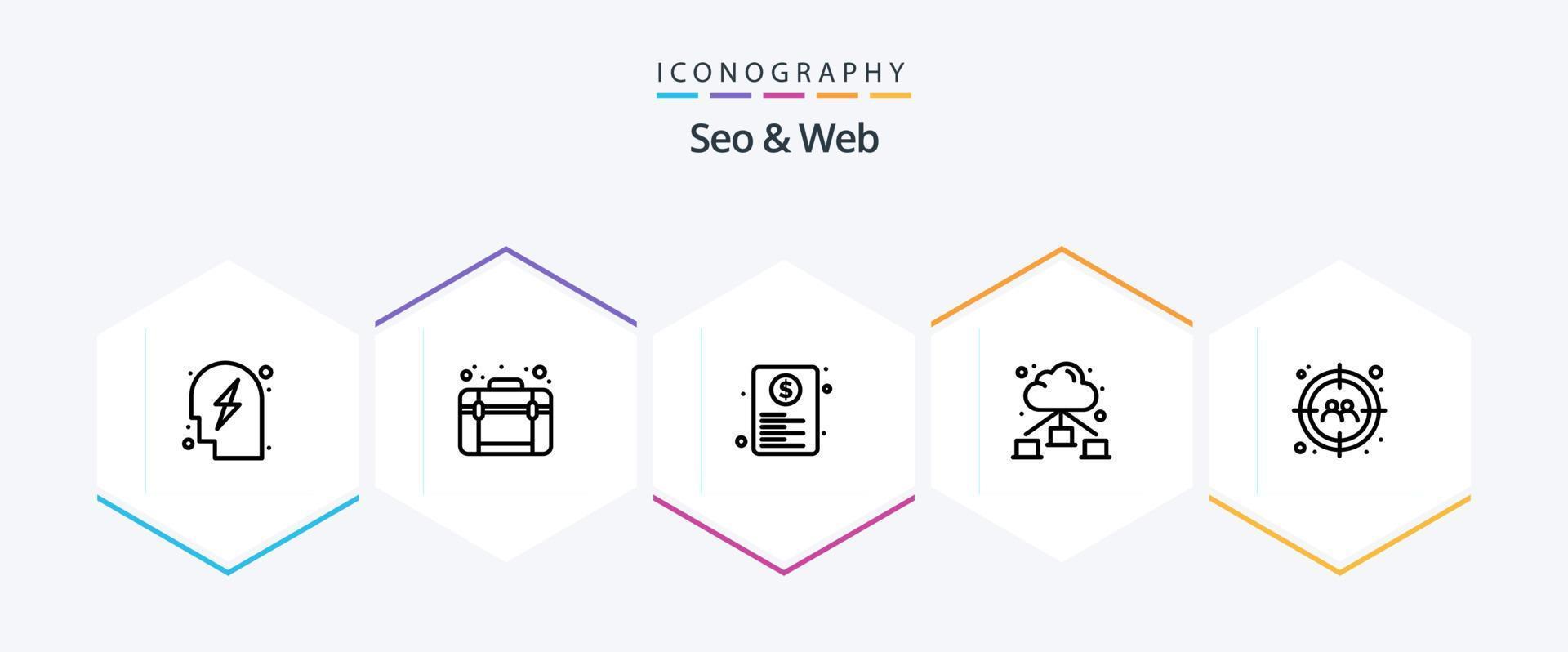 Seo and Web 25 Line icon pack including target. cloud. document. network. web vector