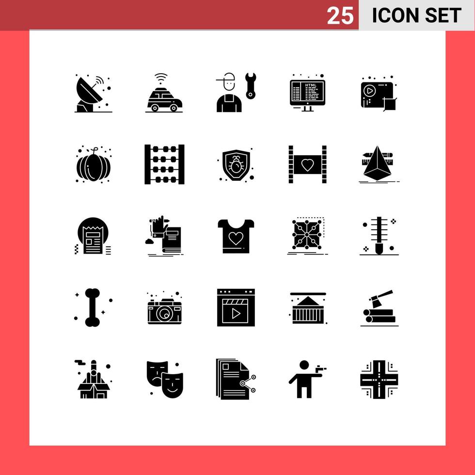 Set of 25 Modern UI Icons Symbols Signs for audio html avatar coding service Editable Vector Design Elements