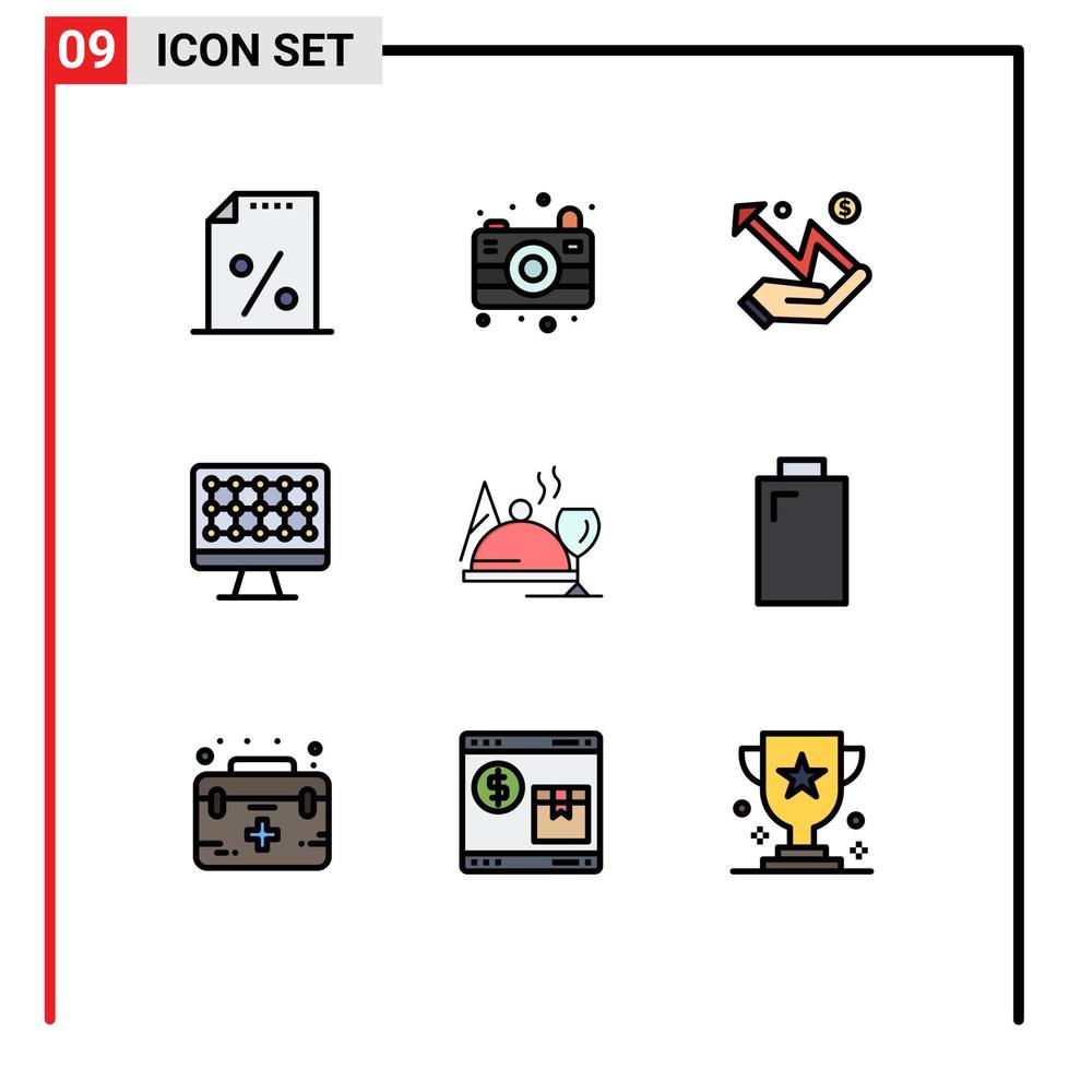 Universal Icon Symbols Group of 9 Modern Filledline Flat Colors of glass dish graph hotel technology Editable Vector Design Elements