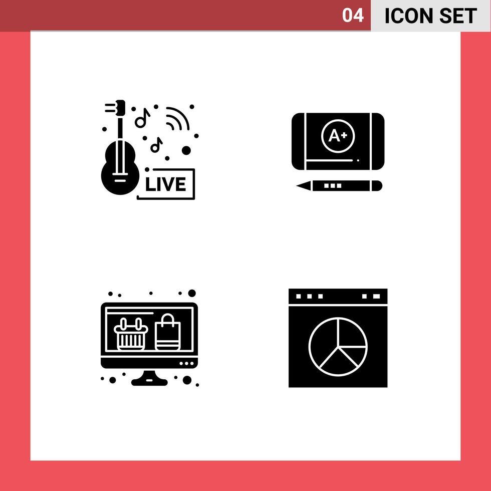 Universal Icon Symbols Group of 4 Modern Solid Glyphs of music news display live achieve online shopping Editable Vector Design Elements