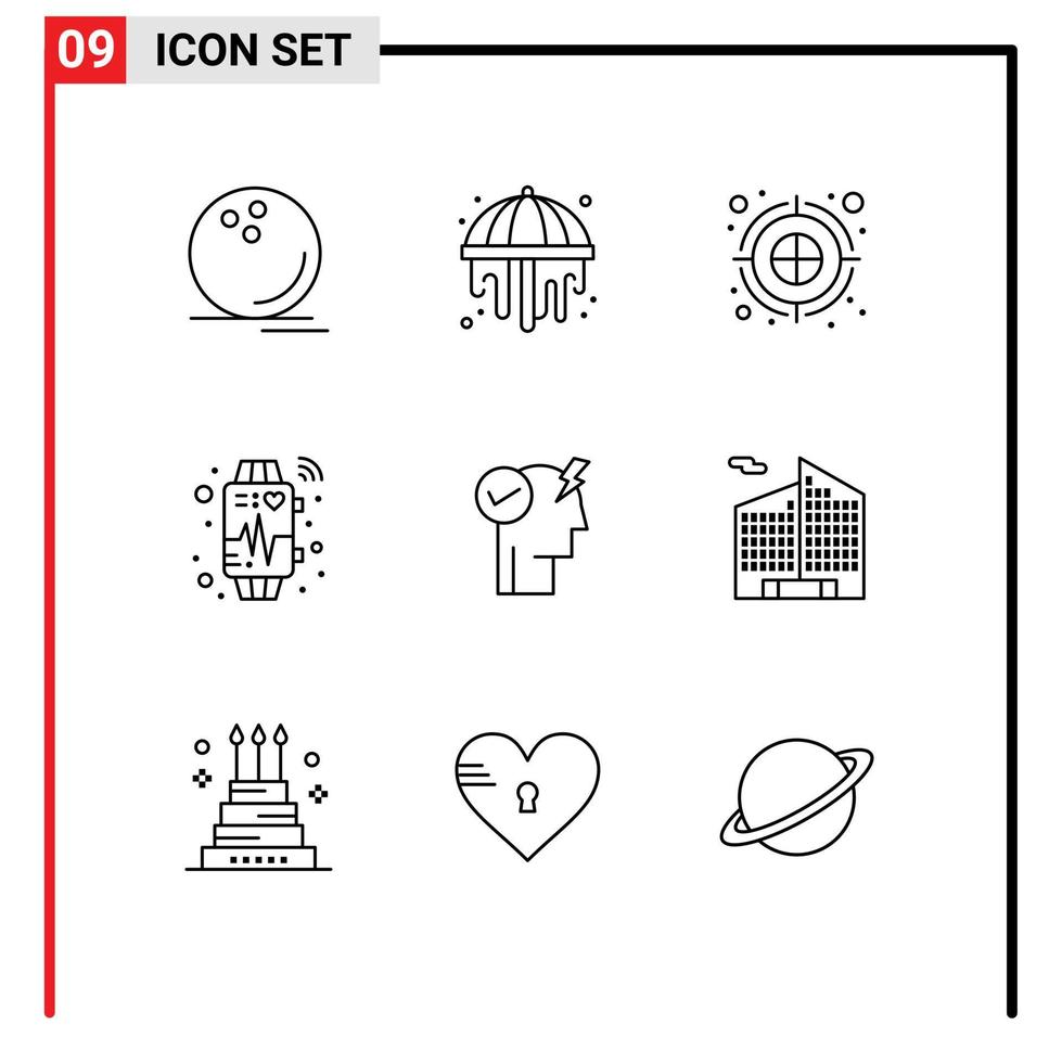 Editable Vector Line Pack of 9 Simple Outlines of mind heart beat archery arrow watch device Editable Vector Design Elements