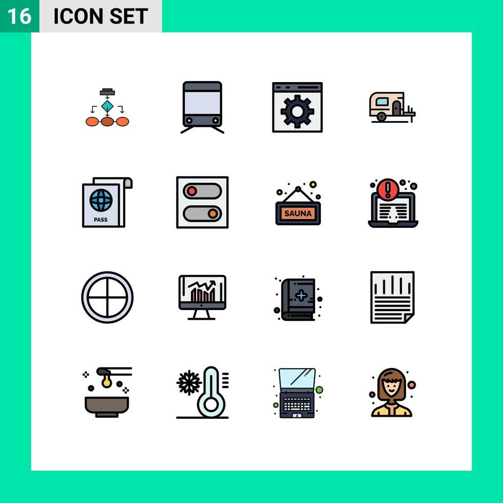 Set of 16 Vector Flat Color Filled Lines on Grid for document camp train car development Editable Creative Vector Design Elements