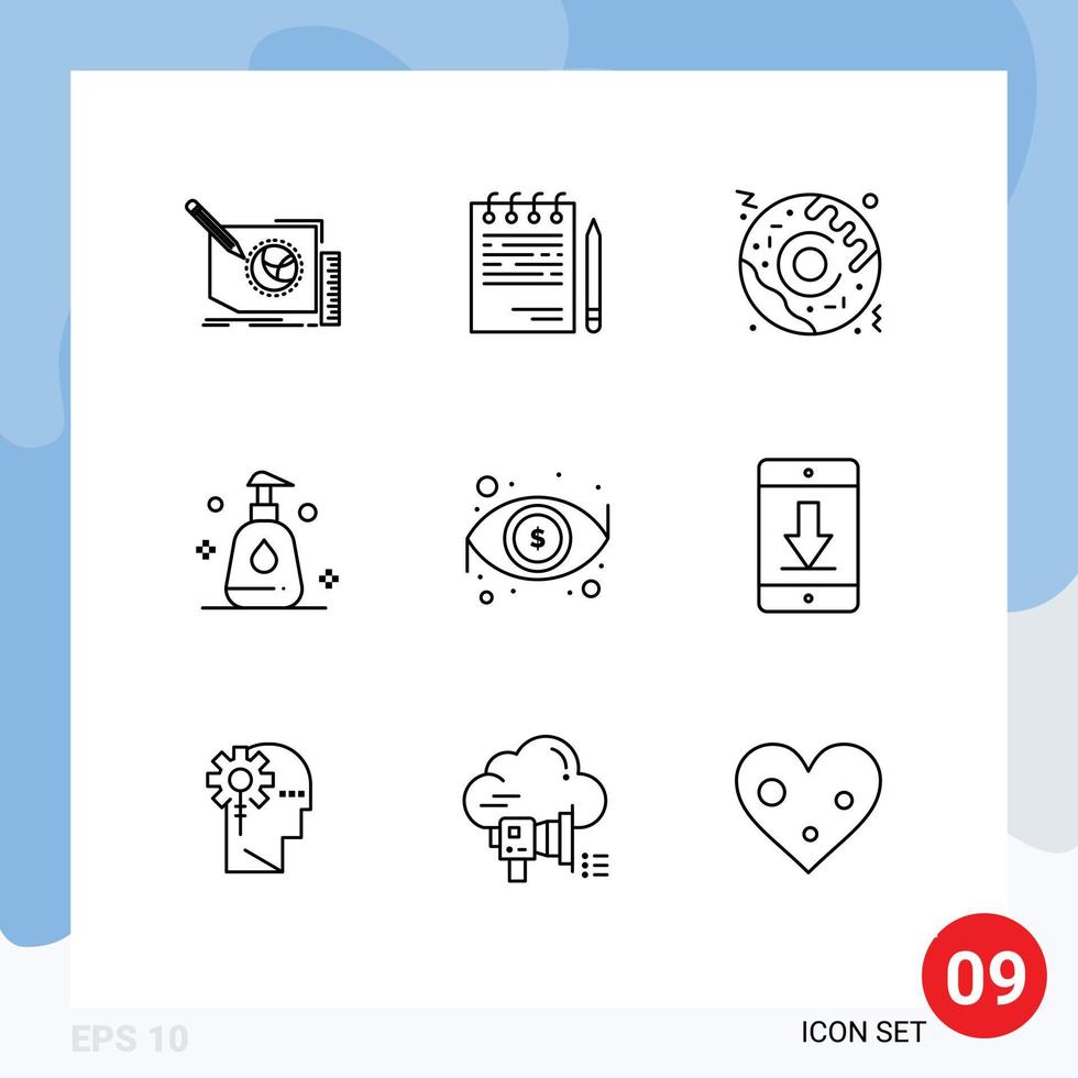 Universal Icon Symbols Group of 9 Modern Outlines of eye clean list spray food Editable Vector Design Elements