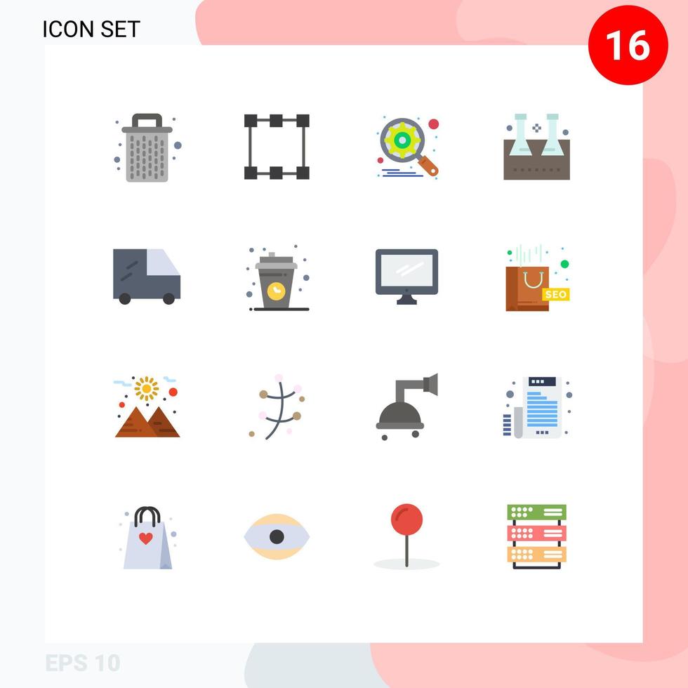 Set of 16 Vector Flat Colors on Grid for vehicles test tube gear lab glassware erlenmeyer flask Editable Pack of Creative Vector Design Elements