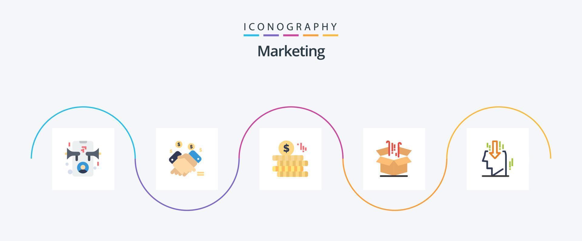 márketing plano 5 5 icono paquete incluso cabeza. bienes. venta. finanzas. caja vector