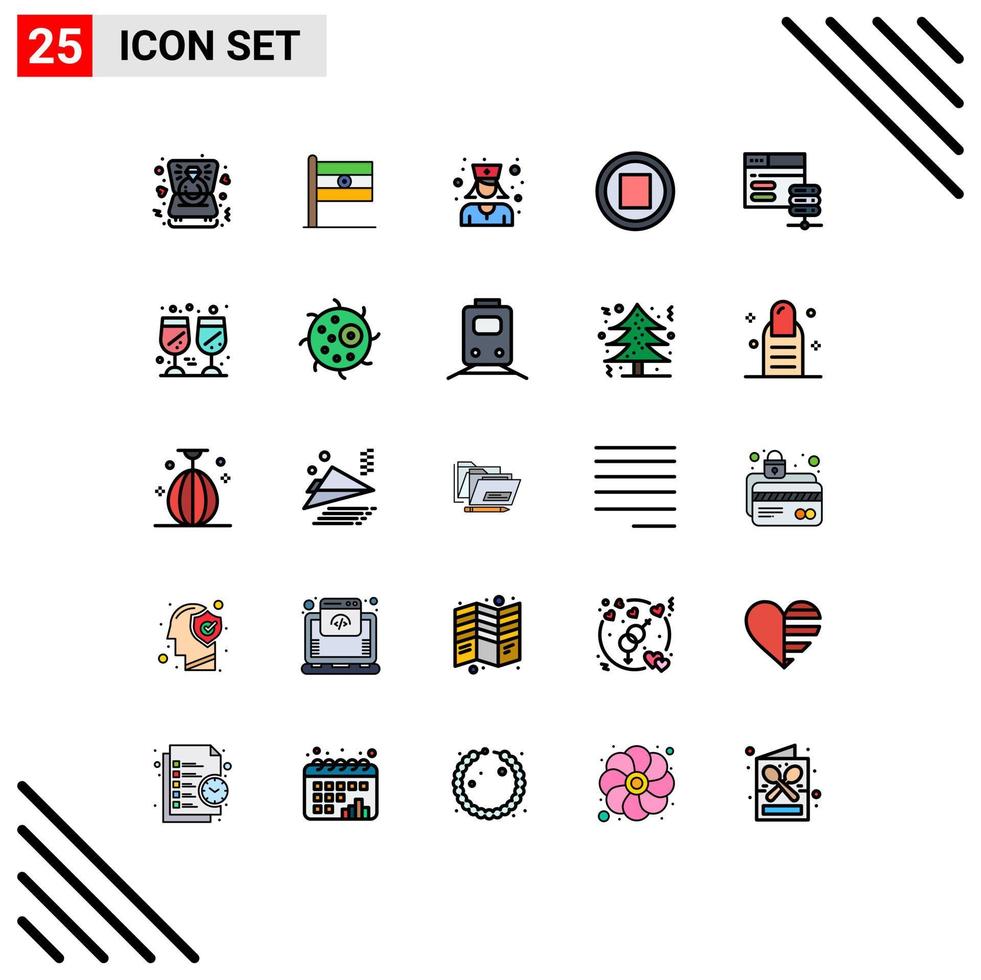 25 User Interface Filled line Flat Color Pack of modern Signs and Symbols of web network server doctor database music Editable Vector Design Elements