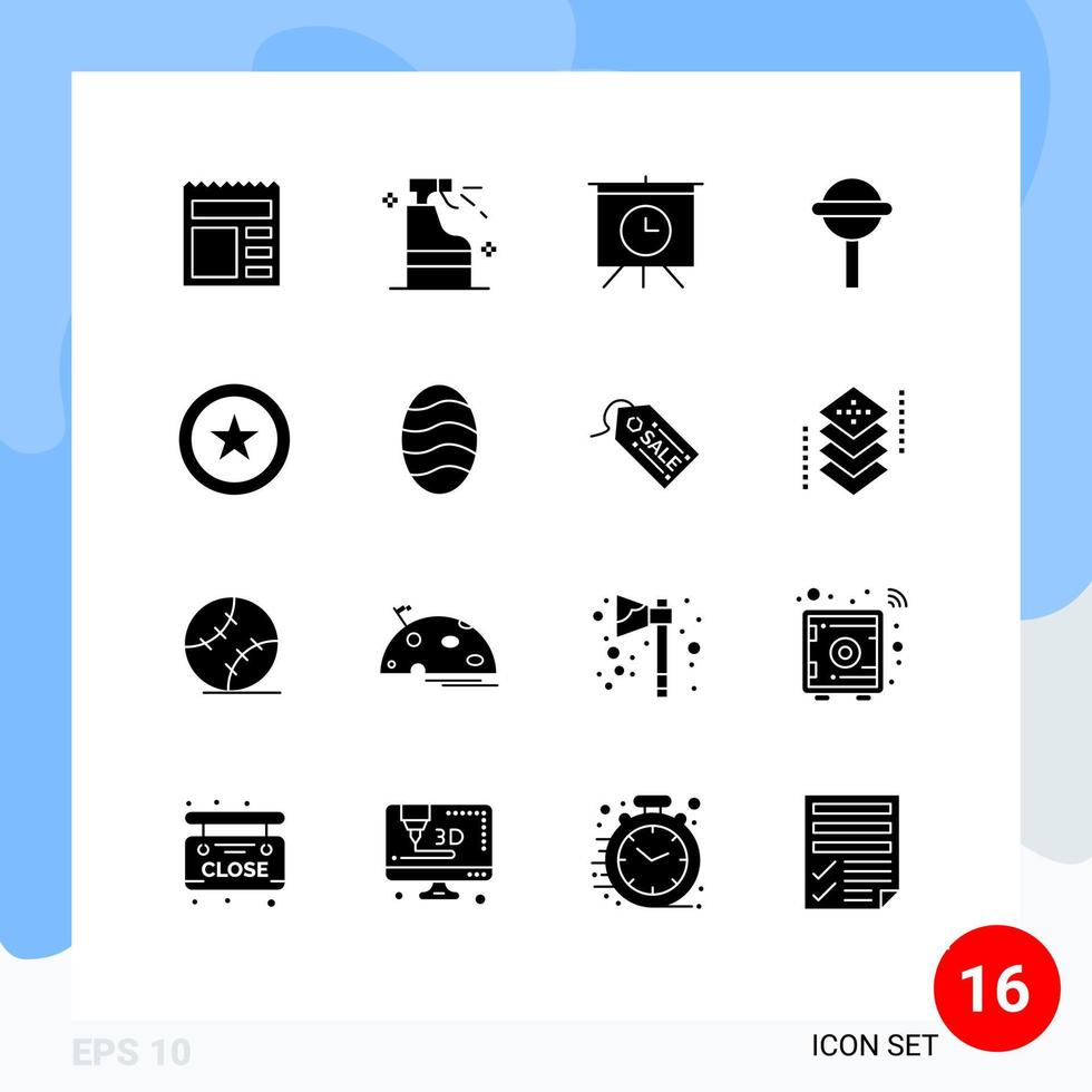 Modern Set of 16 Solid Glyphs Pictograph of baking coin board star chupa Editable Vector Design Elements