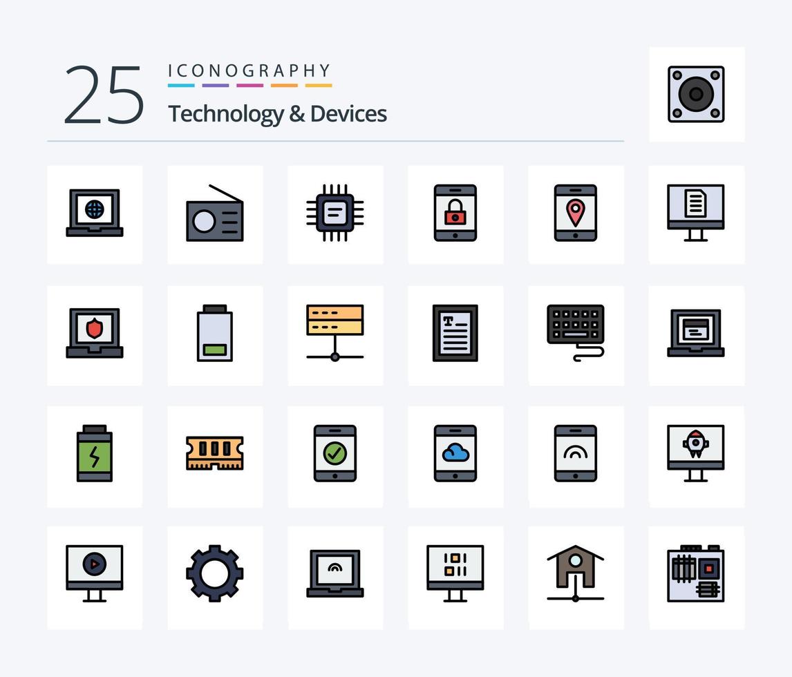 Devices 25 Line Filled icon pack including computer. maps. cpu. location. lock vector