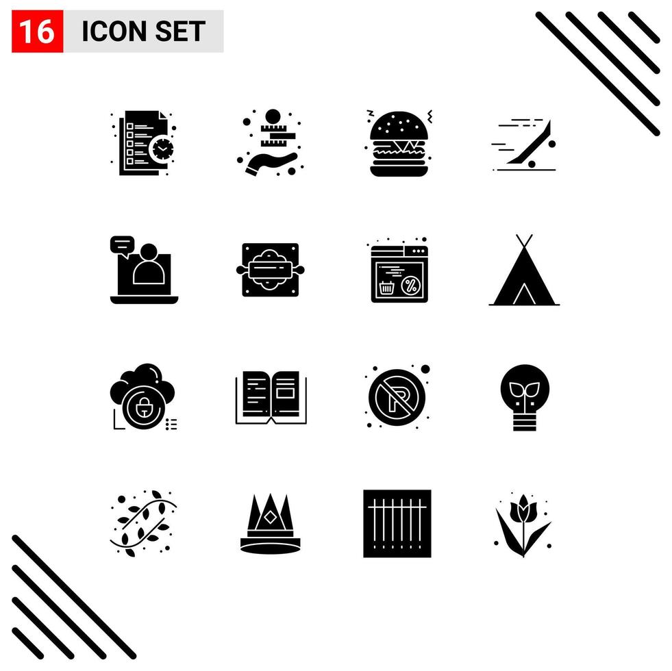Mobile Interface Solid Glyph Set of 16 Pictograms of business skate board asset riding fast Editable Vector Design Elements