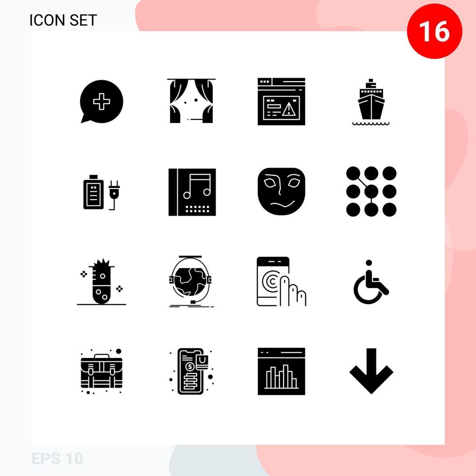 moderno conjunto de dieciséis sólido glifos pictografía de batería transporte Internet Embarcacion alerta editable vector diseño elementos