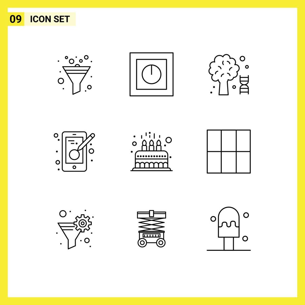 9 Thematic Vector Outlines and Editable Symbols of cake mobile knowledge designing creativity Editable Vector Design Elements