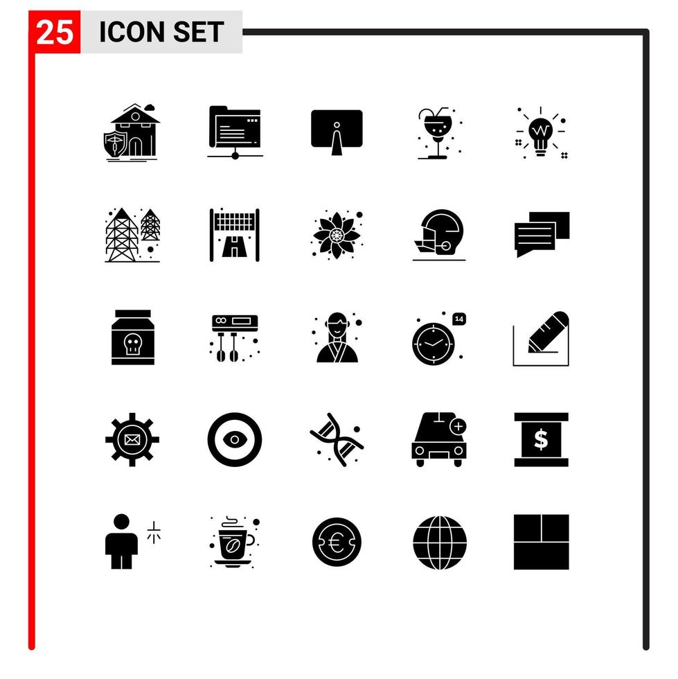 Group of 25 Solid Glyphs Signs and Symbols for ice drink storage beverage imac Editable Vector Design Elements