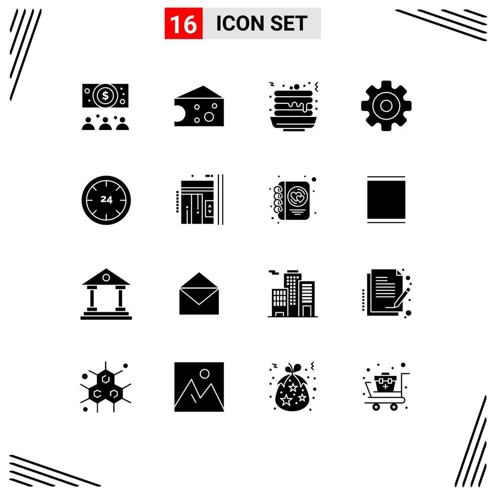Set of 16 Commercial Solid Glyphs pack for e commerce food and media player Editable Vector Design Elements