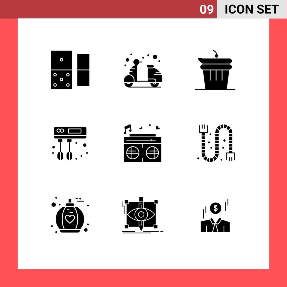 Group of 9 Solid Glyphs Signs and Symbols for heart radio and mixer cook Editable Vector Design Elements