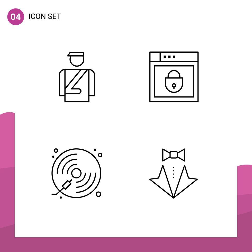 Pictogram Set of 4 Simple Filledline Flat Colors of bellboy cd service shield player Editable Vector Design Elements