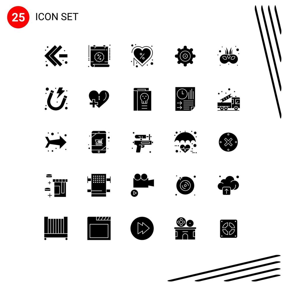 25 Thematic Vector Solid Glyphs and Editable Symbols of carnival cinema day gear offer Editable Vector Design Elements