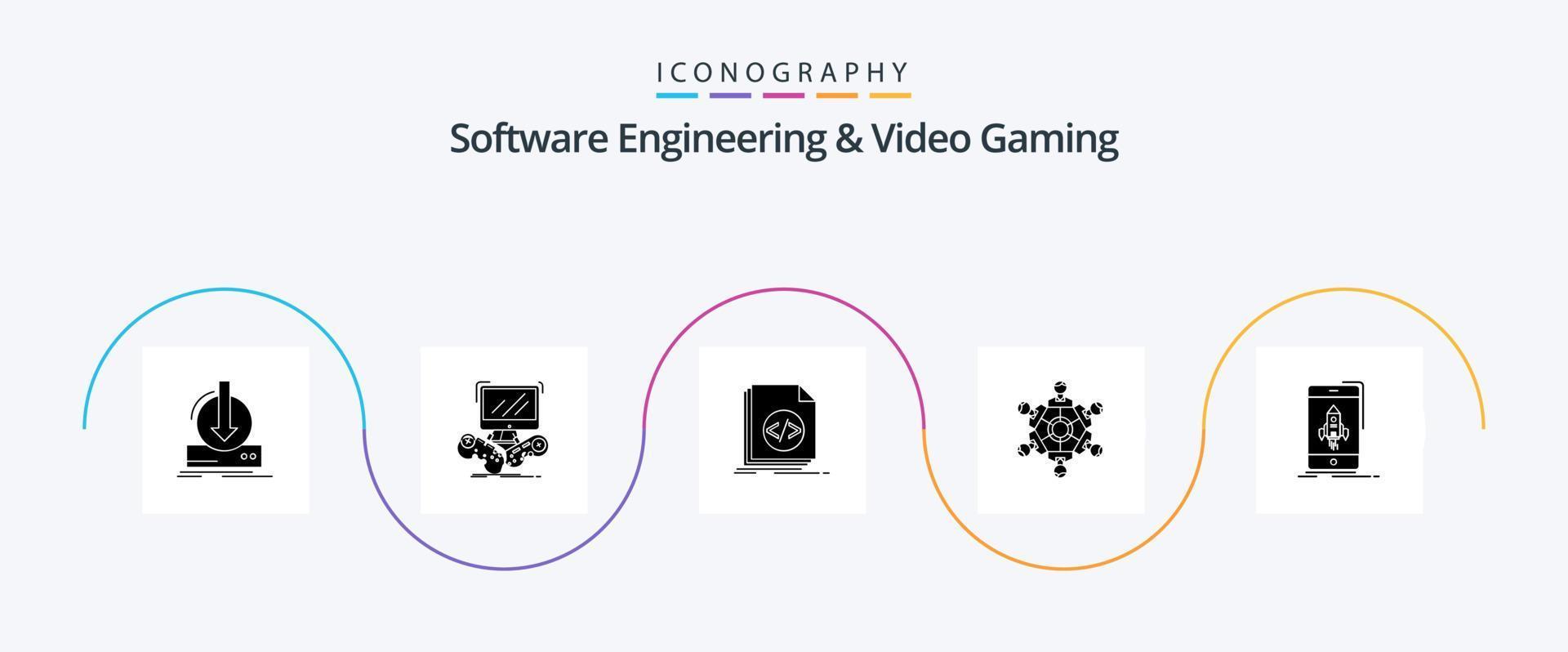 Software Engineering And Video Gaming Glyph 5 Icon Pack Including game. cooperation. multip. script. file vector