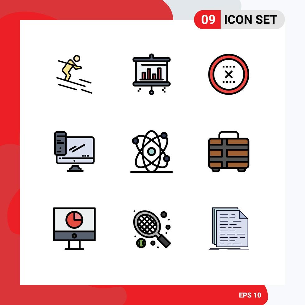 Modern Set of 9 Filledline Flat Colors Pictograph of atom pc circle device computer Editable Vector Design Elements