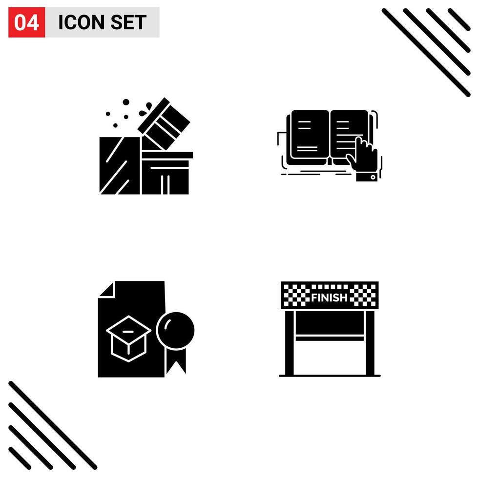 Mobile Interface Solid Glyph Set of 4 Pictograms of gift reading shopping lesson diploma Editable Vector Design Elements