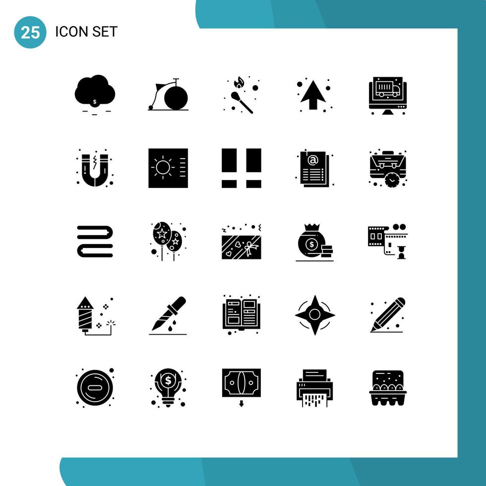 Group of 25 Modern Solid Glyphs Set for economy computer flame direction arrows Editable Vector Design Elements