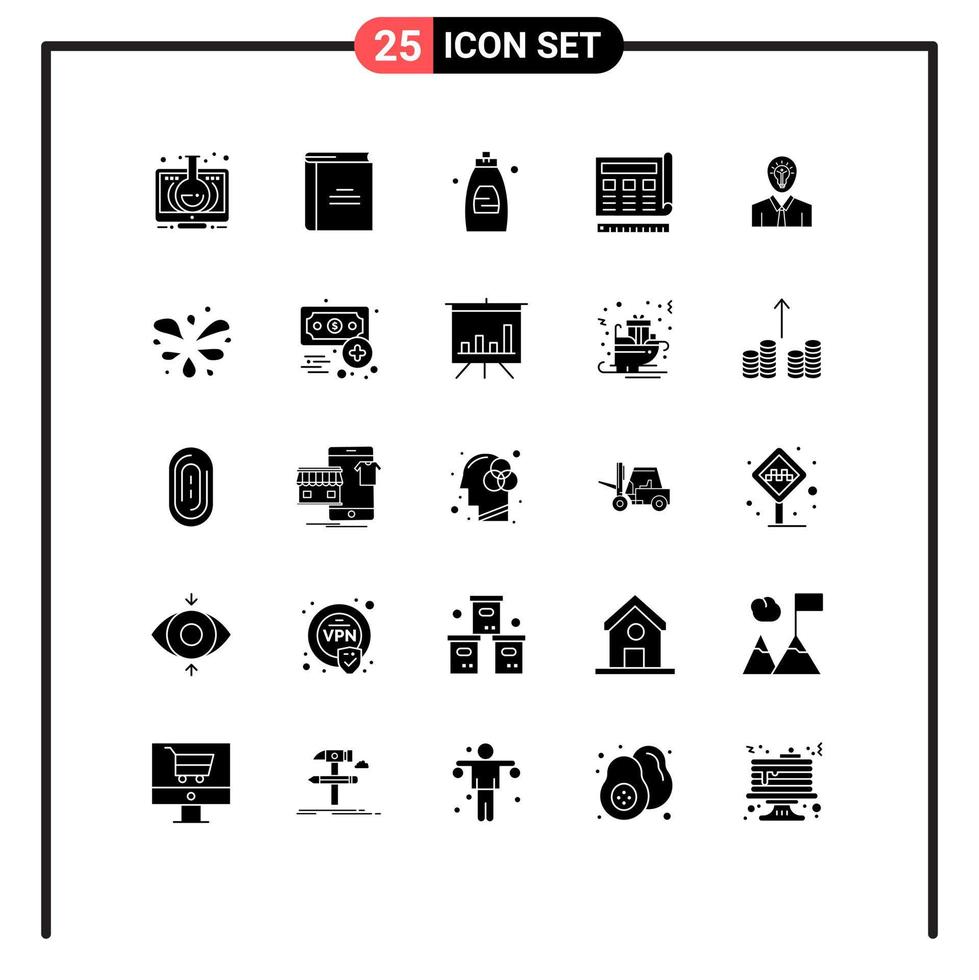 Pictogram Set of 25 Simple Solid Glyphs of website blue open book blueprint shower Editable Vector Design Elements