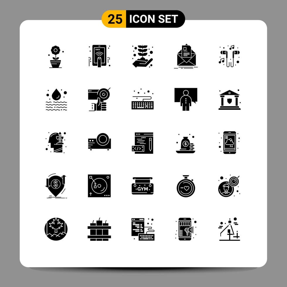 Solid Glyph Pack of 25 Universal Symbols of headset briefing business growth email contract Editable Vector Design Elements
