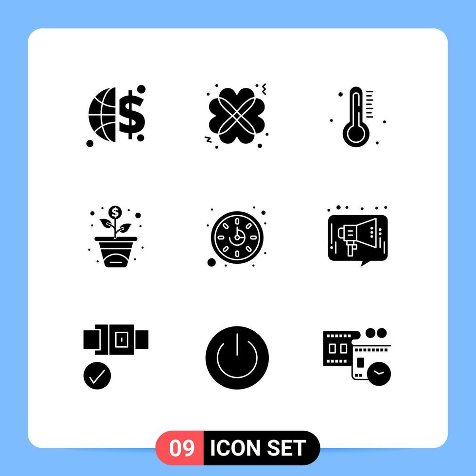 Pack of 9 Modern Solid Glyphs Signs and Symbols for Web Print Media such as chat time temperature clock growth Editable Vector Design Elements