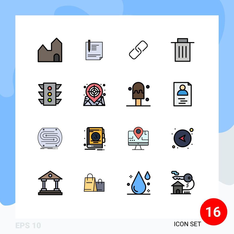 16 Universal Flat Color Filled Lines Set for Web and Mobile Applications trash delete paper metal paper Editable Creative Vector Design Elements
