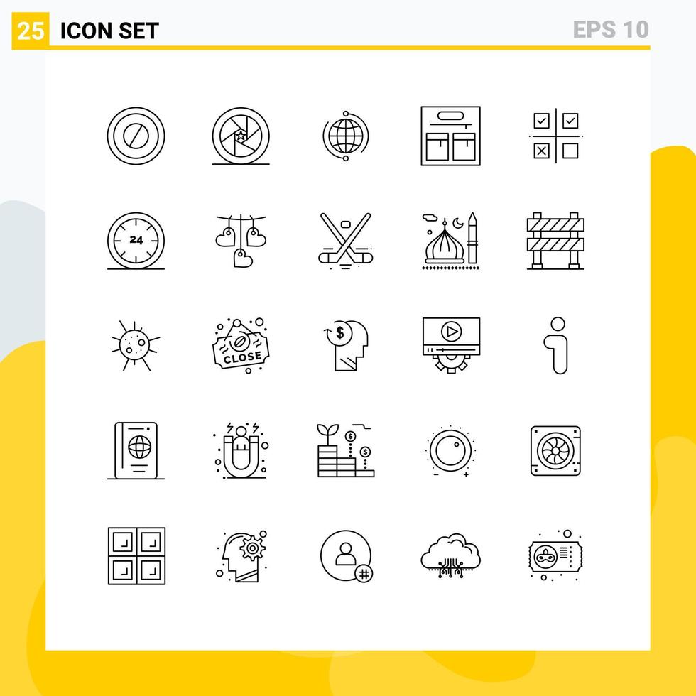 25 User Interface Line Pack of modern Signs and Symbols of business bag globe world global Editable Vector Design Elements