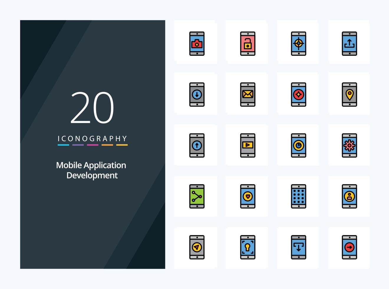 20 Mobile Application Development line Filled icon for presentation vector