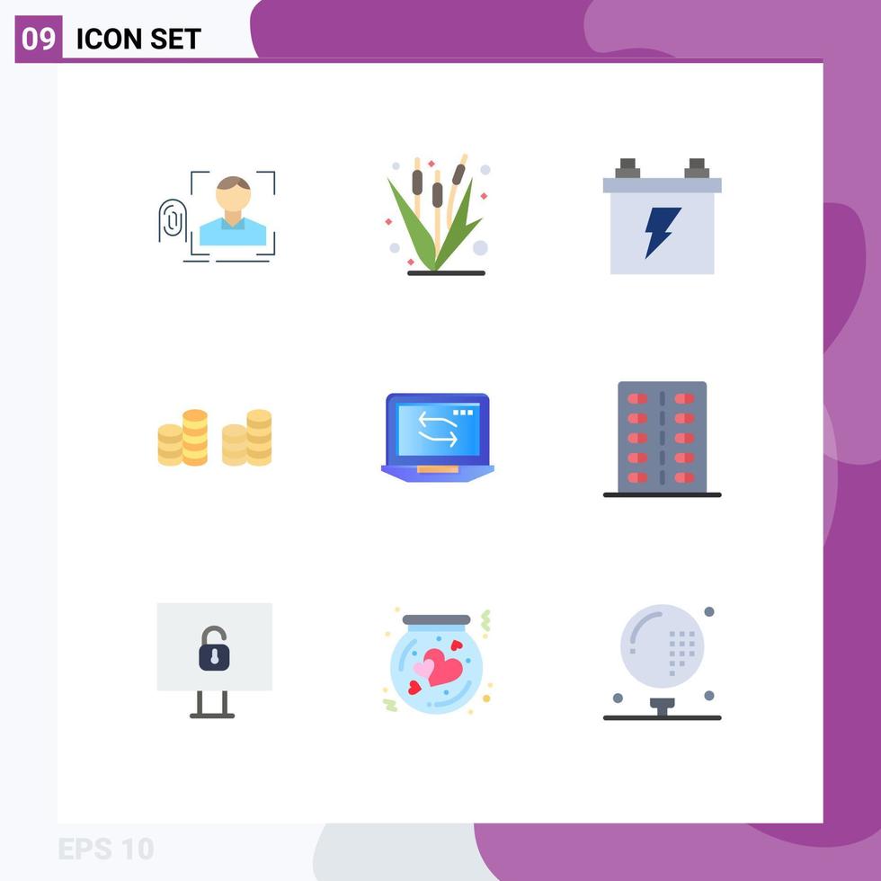 Universal Icon Symbols Group of 9 Modern Flat Colors of computer coins farming cash electric Editable Vector Design Elements