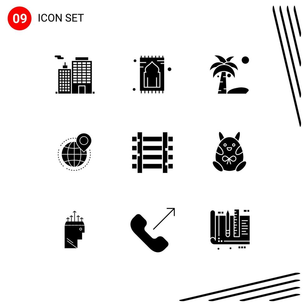 Group of 9 Solid Glyphs Signs and Symbols for point global namaz business summer Editable Vector Design Elements