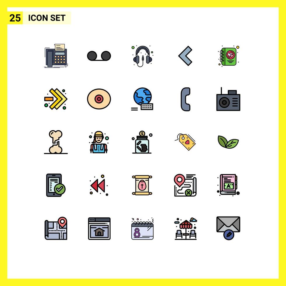Universal Icon Symbols Group of 25 Modern Filled line Flat Colors of love diary audio left arrow Editable Vector Design Elements