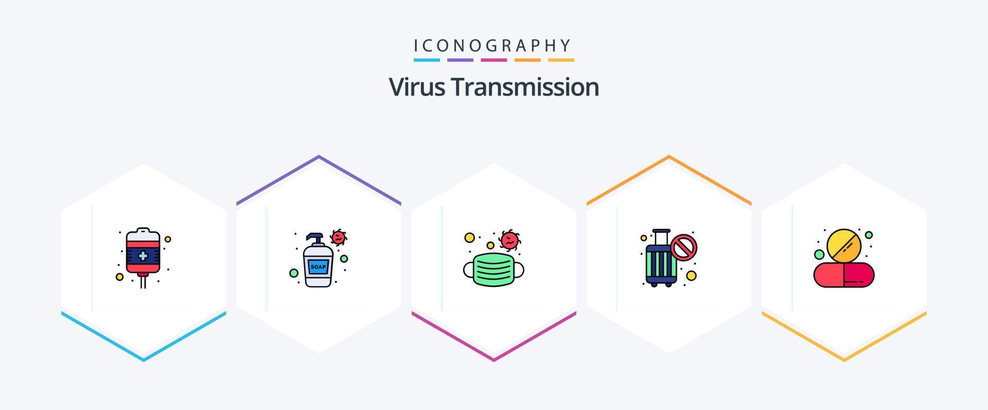 Virus Transmission 25 FilledLine icon pack including drug. stop. face. no travel. ban vector