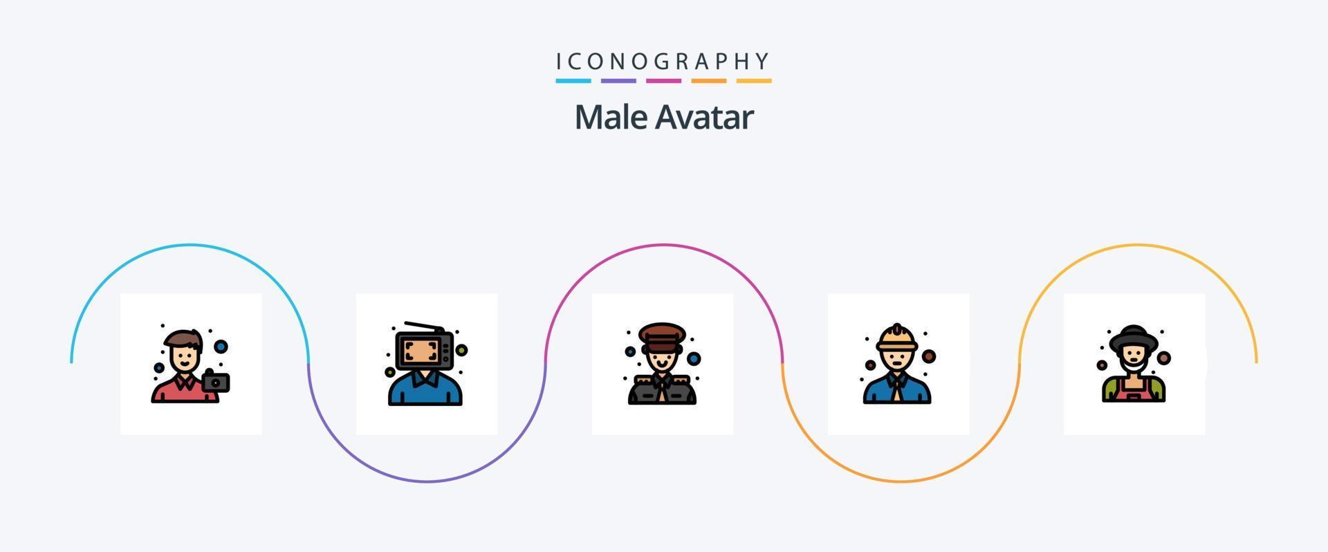 masculino avatar línea lleno plano 5 5 icono paquete incluso agricultor. la seguridad obrero. hombre. línea obrero. capitán vector