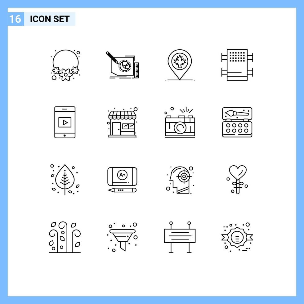 Universal Icon Symbols Group of 16 Modern Outlines of video mobile map room rack Editable Vector Design Elements