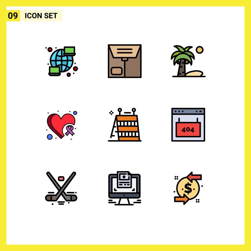 9 Filledline Flat Color concept for Websites Mobile and Apps equipment barrier coconut heart awareness cancer Editable Vector Design Elements
